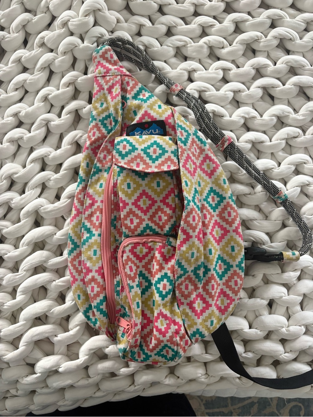 Kavu Pink Teal Yellow Diamond Rope Sling Bag